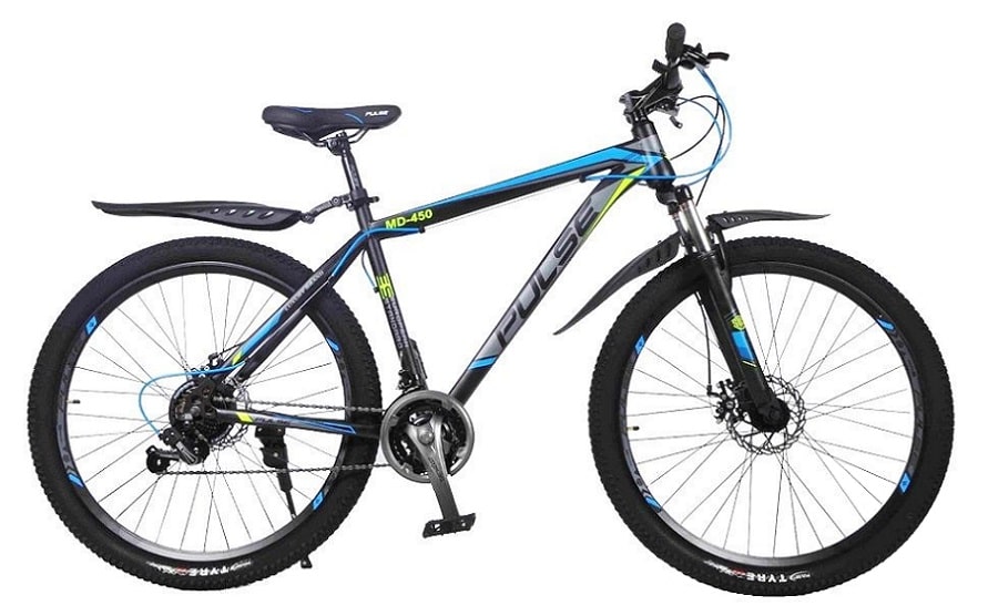 Велосипед горный 27,5" PULSE MD-450 disc 19"(черный/голубой/желтый) 16,8 кг(21ск) Велосипед горный 27,5" PULSE MD-450 disc 19"(черный/голубой/желтый) 16,8 кг(21ск)